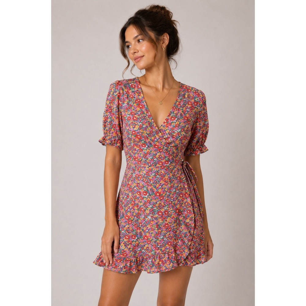 Rip Curl Floral Wrap Mini Dress Cottagecore Coastal Vacation S